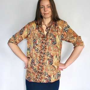 Orange Paisley Silk Shirt UNISEX • Retro Psychedelic Print Long Sleeve Shirt Boho Top • Festival 60s 70s Clothing • Tie Up Silk Crop Top
