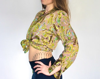 Psychedelic Unisex Silk Shirt • Retro Psychedelic Print Long Sleeve Shirt Boho Top • Festival 60s 70s Clothing • Tie Up Silk Crop Top