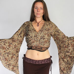 Silk Wrap Top Paisley Bell Sleeve Tie Up Crop Top Blouse Retro Cardigan 60s 70s Festival Fashion Boho Folk Hippy Calluna Brown