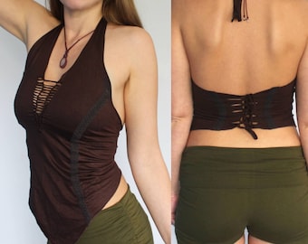 Brown Braided Pixie Halter Triangle Top • Lace Cotton Sexy Backless Crop Women • Slit Weave Braided Hippy Steampunk Fairy Wear • Calluna