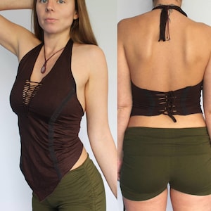 Brown Braided Halter Lakshmi Top • Lace Cotton Sexy Backless Crop Women • Slit Weave Braided Pixie Top • Calluna
