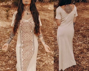 Long Tribal Dress • Litha Dress • Rustic Maxi Dress • Earthy Block Print Dress • Simple Wedding Dress • Natural Fibre Clothing • Calluna