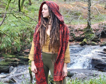 Paisley Hood Scarf • Unisex Boho Hooded Scarf Shawl Wrap • Blanket Hoodie Scarf • Vegan Wool Hood Scarf Cape • Warm Scarves Women • Calluna