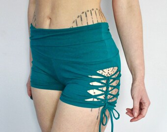 Teal Festival Shorts with Lace Up Sides • Rave Dance Wear • Lahni Yoga Booty Shorts