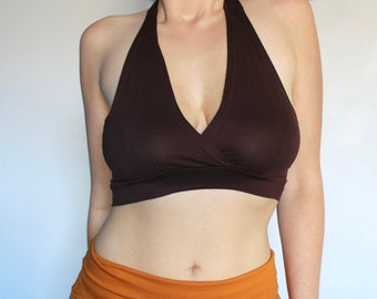 Bralette con top de yoga recortado con cuello halter marrón • Top corto con cuello Festival Hater • Bralette sin aros con cuello halter • Sujetador de algodón • Ropa activa para mujer • Chaleco bohemio