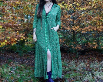 Silk Shirt Dress with pockets • Green Boho Maxi Dress • Thigh Split Maxi • Paisley Print Long Button Shirt • Calluna Clothing