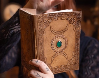 Triple Moon Leather Journal • Chakra Crystal Spell Book Grimoire