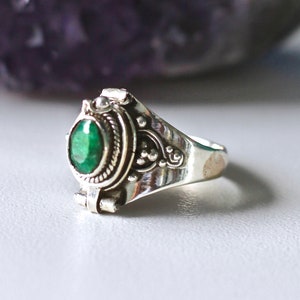 Emerald 925 Silver Poison Ring • Natural Gemstone Ring • Emerald Crystal Healing Cremation Jewelry • Compartment Ring • Boho Gift for Her