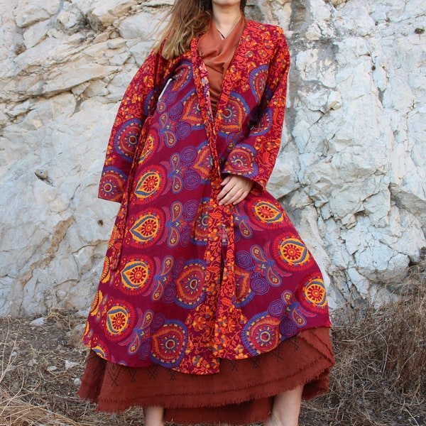 Baumwolle Mandala Langarm Kimono Kleid • 70er Jahre Festival Kaftan • Psychedelische Maxi Jacke Robe • Strand Tunika • Boho Morgenmantel