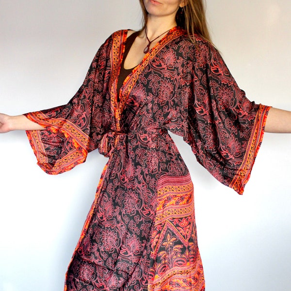 Black Silk Gypsy Flared Sleeve Kimono • 60s 70s Festival Kaftan Sari Long Maxi Jacket • Red Beach Cover Up Tunic • Boho Robe Bridesmaid Gift