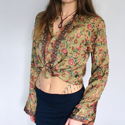 Olive Unisex Silk Shirt • Retro Floral Print Long Sleeve Shirt • Boho Flared Top • Festival 60s 70s Clothing Tie Up Silk Crop Top • Calluna