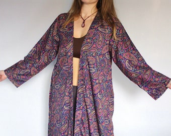 Midnight Silk Flared Sleeve Kimono • 70s Festival Kaftan • Sari Long Blue Maxi Jacket Beach Cover Up Tunic • Boho Silk Robe Bridesmaid Gift