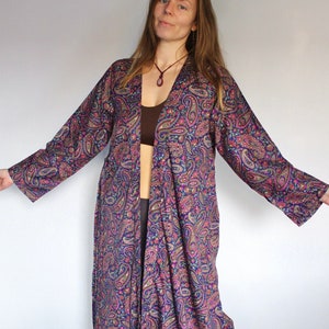 Midnight Silk Flared Sleeve Kimono • 70s Festival Kaftan • Sari Long Blue Maxi Jacket Beach Cover Up Tunic • Boho Silk Robe Bridesmaid Gift