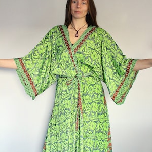 Chartreuse Silk Flared Sleeve Kimono • 60s 70s Festival Kaftan Sari Long Maxi Jacket • Beach Cover Up Tunic Boho Robe Bridesmaid Gift