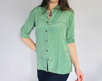 Zeegroen zijden uniseks shirt • Retro bloemenprint shirt met lange mouwen • Boho uitlopende festivalkleding jaren 60 70s kleding strikken zijden crop top • Calluna