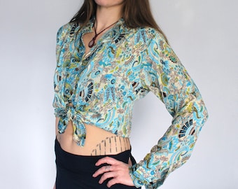 Peacock Blue Silk Shirt UNISEX • Retro Psychedelic Print Long Sleeve Shirt Boho Top • Festival 60s 70s Clothing • Tie Up Silk Crop Top