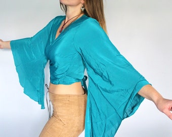 Teal Silk Bell Sleeve Tie Up Wrap Top • Belly Dance Costume Crop Top Blouse 60s 70s Festival • Boho Folk Hippy ATS • Calluna Clothing