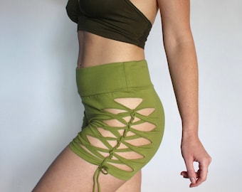Cotton Foldover Festival Shorts • Lace Up Side Cut Out Rave Bottoms • Amara Booty