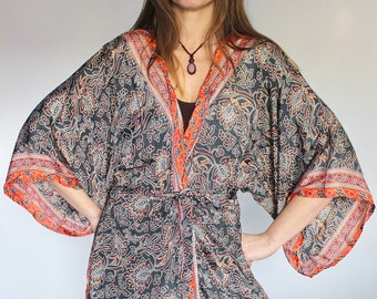 Charcoal Silk Flared Sleeve Kimono • 60s 70s Festival Kaftan Sari Long Maxi Jacket • Beach Cover Up Tunic • Boho Robe Bridesmaid Gift