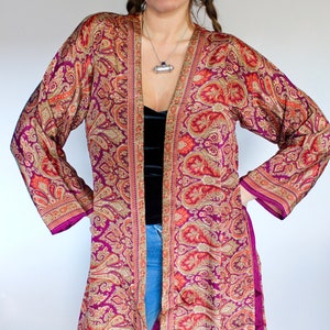 Gold Plum Silk Flared Sleeve Kimono • 70s Festival Kaftan • Sari Long Maxi Jacket • Beach Cover Up Tunic • Boho Silk Robe Bridesmaid Gift