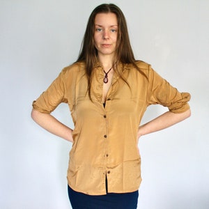 Gold Unisex Silk Shirt • Retro Floral Print Long Sleeve Shirt • Boho Flared Festival 60s 70s Clothing Tie Up Silk Crop Top • Calluna