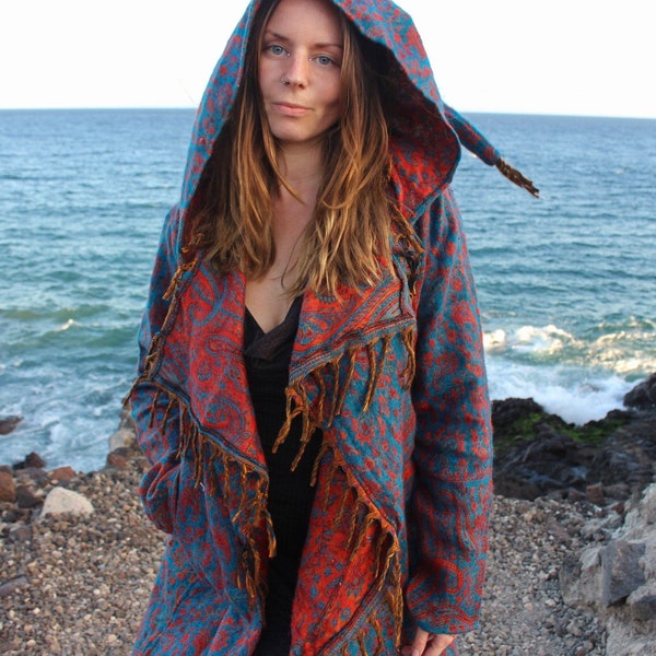 Hooded Festival Blanket Cloak • Boho Unisex Paisley Cape Coat • Warm Poncho Cape • Vegan Wool Long Jacket Poncho Shawl • Calluna Clothing