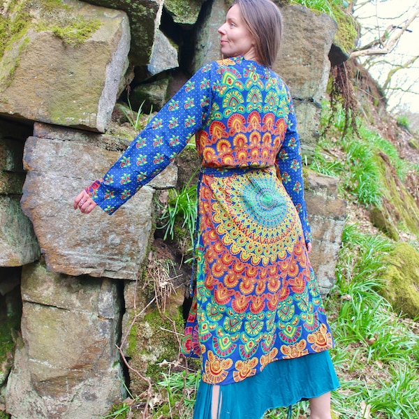 Cotton Mandala Long Sleeve Kimono Dress • 70s Festival Kaftan • Psychedelic Maxi Jacket Robe • Beach Cover Up Tunic • Boho Dressing Gown