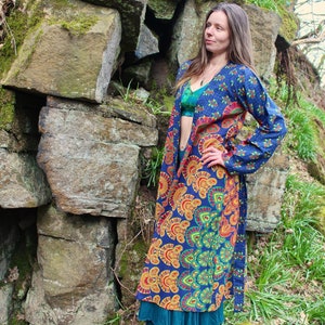 Cotton Mandala Long Sleeve Kimono Dress • 70s Festival Kaftan • Psychedelic Maxi Jacket Robe • Beach Cover Up Tunic • Boho Dressing Gown