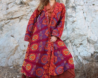 Cotton Mandala Long Sleeve Kimono Dress • 70s Festival Kaftan • Psychedelic Maxi Jacket Robe • Beach Cover Up Tunic • Boho Dressing Gown