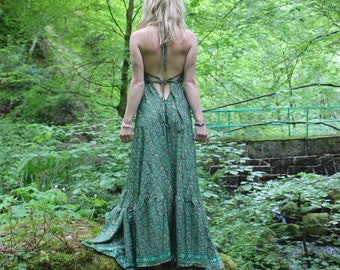 Backless Silk Emerald Halter Maxi Dress • Long Goddess Dress • Sensual Clothing • Boho Bridesmaid Gift • Silk Maxi Dress • Calluna