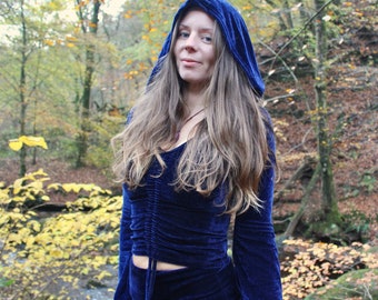 Midnight Velvet Hooded Top • Cinch Hoodie Women • Long Flared Sleeve Velvet Top • Velvet Hoody Witchy Sorceress Clothing • Calluna