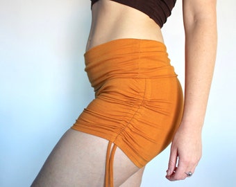 Orange Booty Shorts • Mid High Waist Cinched Hot Yoga Pants • Sexy Boho Festival Shorts Women • Hoop Pole Dance Shorts • Calluna Clothing