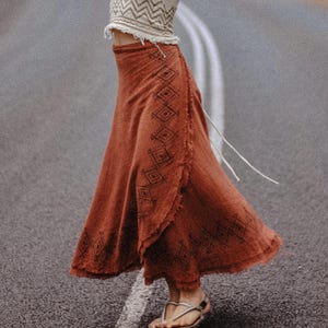 Cotton Maxi Wrap Skirt • Natural Earthy Clothing • Raw Cotton Block Print Rust Maxi Skirt Women • Long Boho Festival Shakti Skirt • Calluna