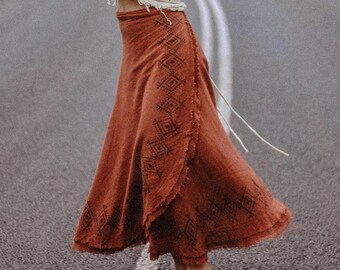 Cotton Maxi Wrap Skirt • Natural Earthy Clothing • Raw Cotton Block Print Rust Maxi Skirt Women • Long Boho Festival Shakti Skirt • Calluna
