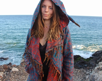 Hooded Festival Blanket Cloak • Enchantment Cloak • Unisex Paisley Cape Coat • Warm Winter Poncho • Vegan Wool Scarf • Long Boho Shawl