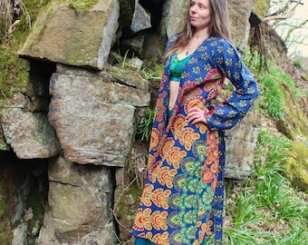Vestido tipo kimono de manga larga con mandala de algodón • Caftán de festival de los años 70 • Bata estilo chaqueta larga psicodélica • Túnica de playa • Bata bohemia