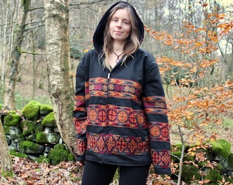 Embroidered Hoodie Jacket • Warm Winter Aztec Hoodie Coat • Unisex Boho Geometric Hoody • Tribal Festival Hooded Kulu • Calluna