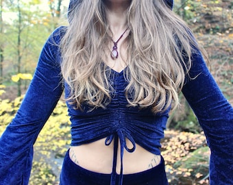 Midnight Velvet Hooded Top • Cinch Hoodie Women • Long Flared Sleeve Velvet Top • Velvet Hoody Witchy Sorceress Clothing • Calluna