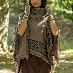 Cowl Neck Poncho • Raw Cotton Block Print Tribal Top • Oversized Shawl • Festival Cover Up • Earthy Natural Wear • Calluna