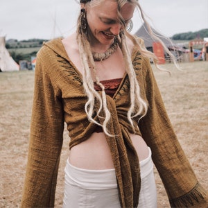 Raw Cotton Wrap Top • Block Print Hooded Bell Sleeve Akashic Wrap Crop • Festival Flared Hood Top • Earthy Natural Tribal Wear • Calluna