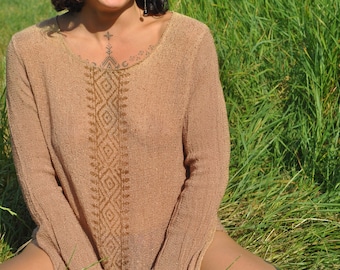 Natuurlijk katoenen topje met blokprint • Tribal devi-top met lange mouwen • Zomerblouse dames • Aardse, natuurlijke kleding • Linnen festivalkleding • Calluna