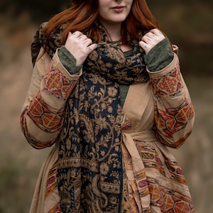 Hooded Geometric Cape Coat •  Boho Unisex Shamanic Cloak • Warm Blanket Shawl • Poncho scarf for Women • Long Festival Earthy Juniper Jacket