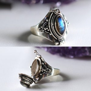 Labradorite Silver 925 Poison Ring • Natural Gemstone Ring • Emerald Crystal Healing Cremation Jewelry • Compartment Ring Boho Gift for Her