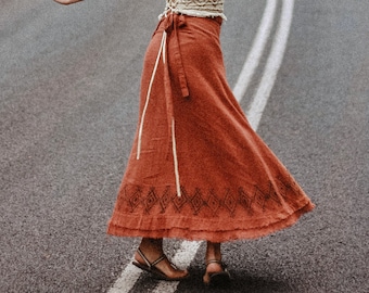 Cotton Maxi Wrap Skirt • Natural Earthy Clothing • Raw Cotton Block Print Rust Maxi Skirt Women • Long Boho Festival Shakti Skirt • Calluna