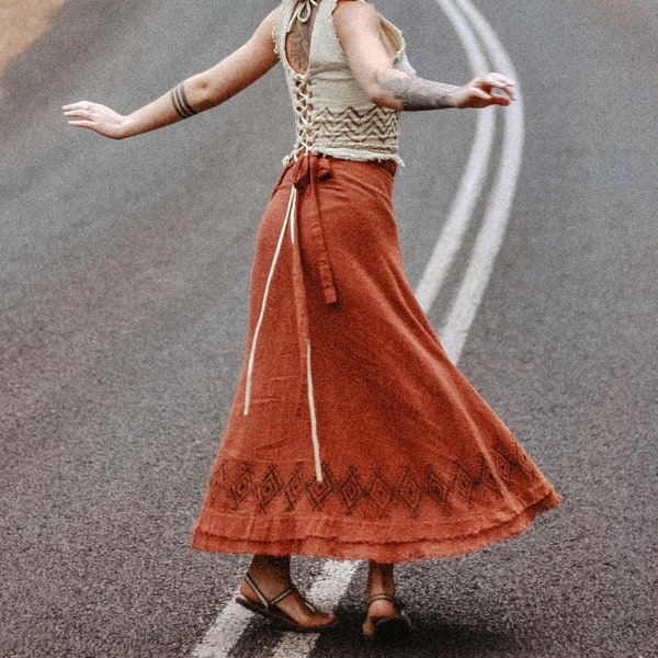 Raw Cotton Block Print Maxi Wrap Skirt • Natural Earthy Clothing • White Maxi Skirt Women • Long Boho Skirt • Festival Clothing • Calluna