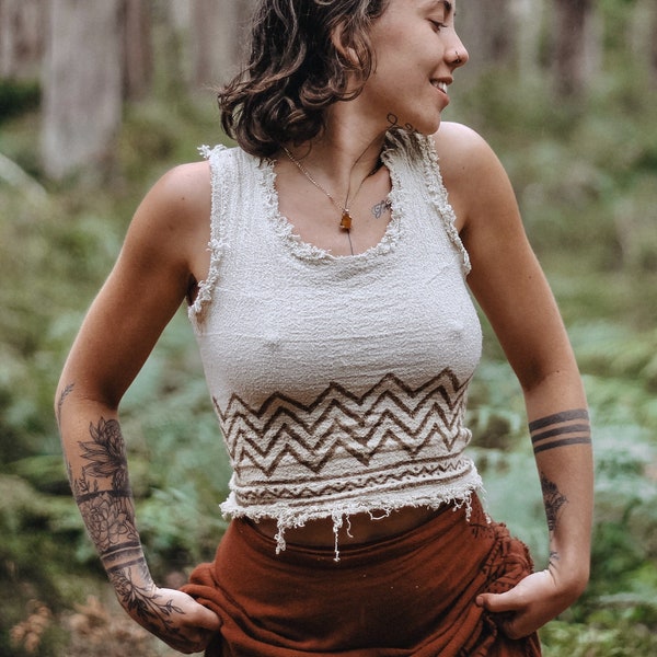 Raw Cotton Tribal Crop Top • Block Print Crop Top • White Lace Up Crop • Earthy Frayed Natural Clothing Linen Festival Wear • Calluna