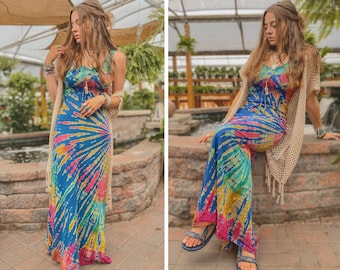 Sukienka maxi tie-dye • Długa sukienka boho • Sukienka maxi syrena damska • Strój do tańca bogini • Seksowna letnia sukienka z podtrzymaniem biustu • Calluna