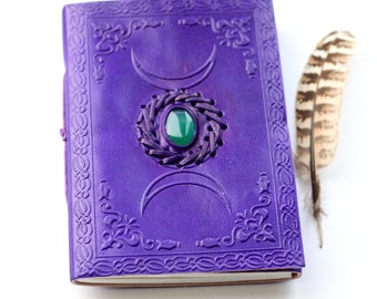 Purple Triple Moon Crystal Leather Journal • Blank Witches Spell Book of Shadows Grimoire • Travel Diary Sketchbook • Spiritual Chakra Gifts