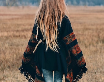 Hooded Geometric Cape Coat •  Boho Unisex Shamanic Cloak • Warm Blanket Shawl • Poncho scarf for Women • Long Festival Earthy Juniper Jacket