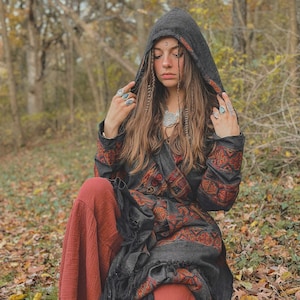 Hooded Geometric Cape Coat •  Boho Unisex Shamanic Cloak • Warm Blanket Shawl • Poncho scarf for Women • Long Festival Earthy Juniper Jacket